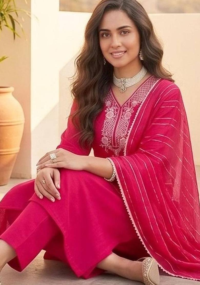 Red Embroidery Silk Kurta Set - Indya