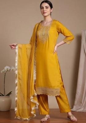 Yellow Embroidery Silk Kurta Set