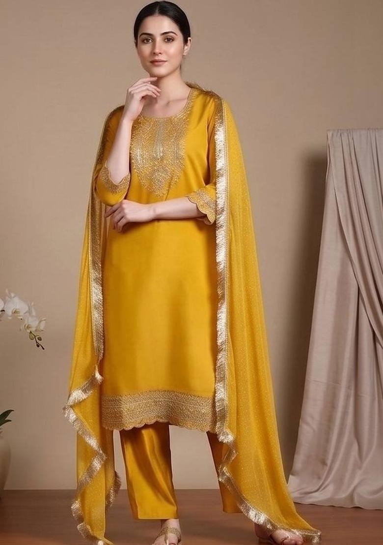 Yellow Embroidery Silk Kurta Set - Indya