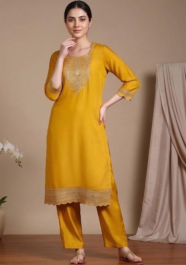 Yellow Embroidery Silk Kurta Set - Indya