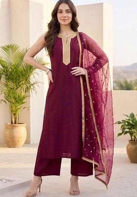 Maroon Embroidery Silk Kurta Set