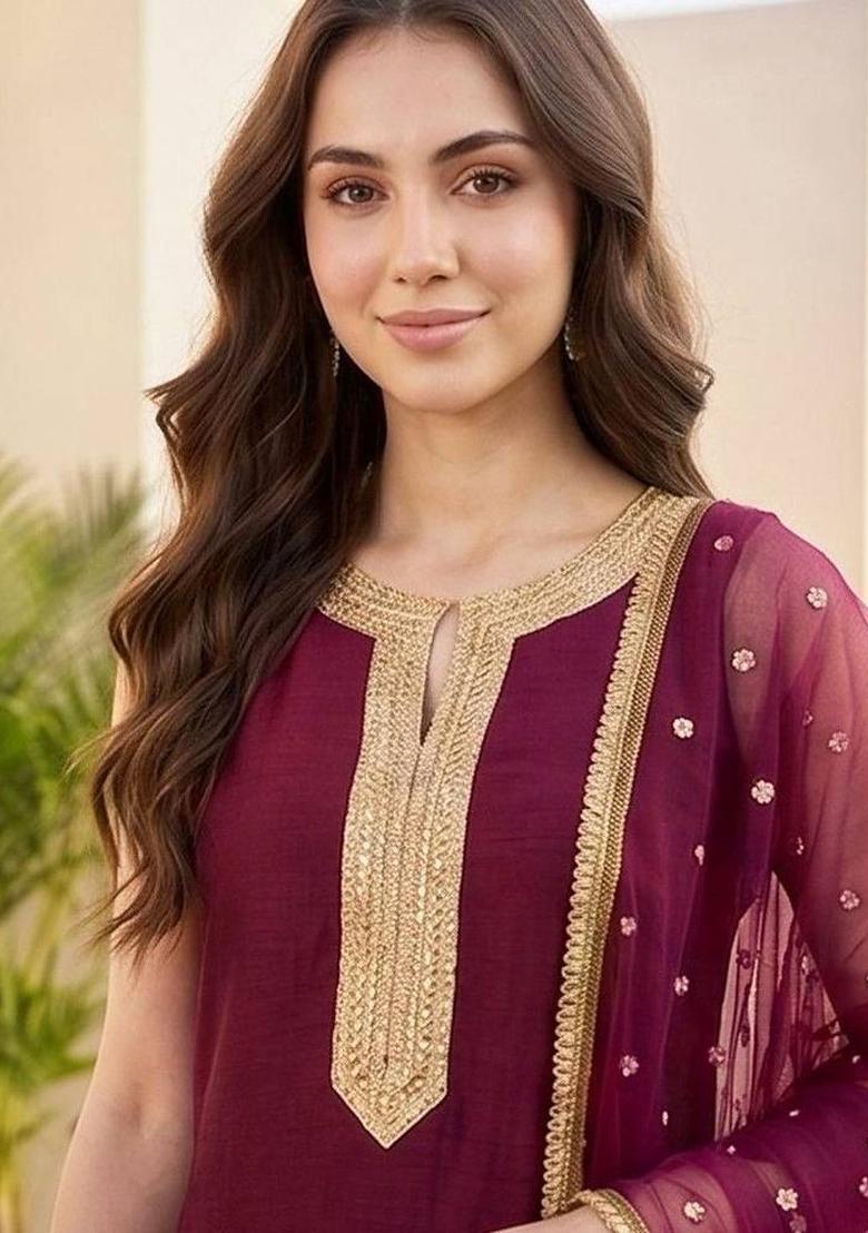Maroon Embroidery Silk Kurta Set - Indya