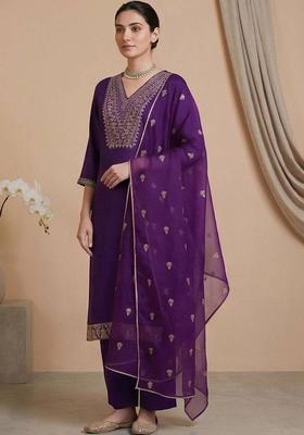 Purple Embroidery Silk Kurta Set