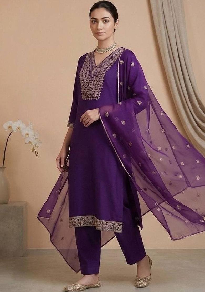 Purple Embroidery Silk Kurta Set - Indya