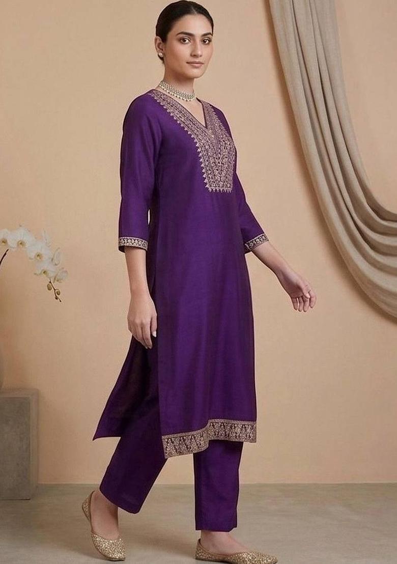 Purple Embroidery Silk Kurta Set - Indya