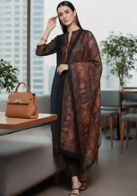 Black Solid Silk Kurta Set
