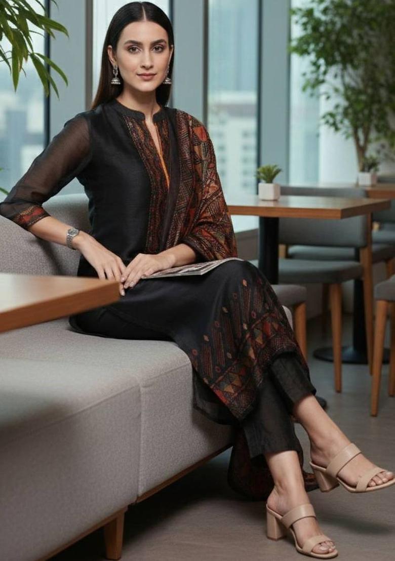 Black Solid Silk Kurta Set - Indya