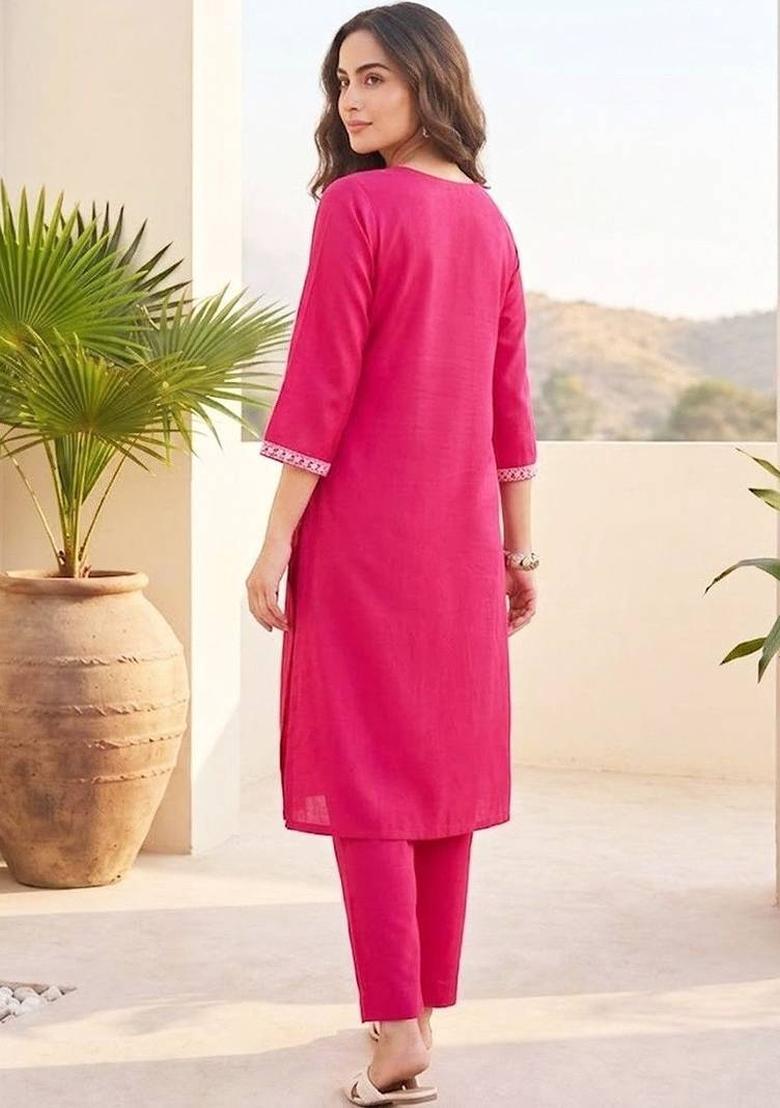 Pink Embroidery Silk Kurta Set - Indya