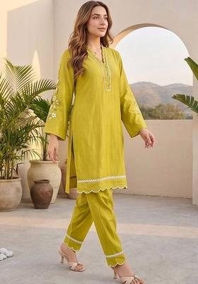 Lime Green Thread Work Silk Kurta Set