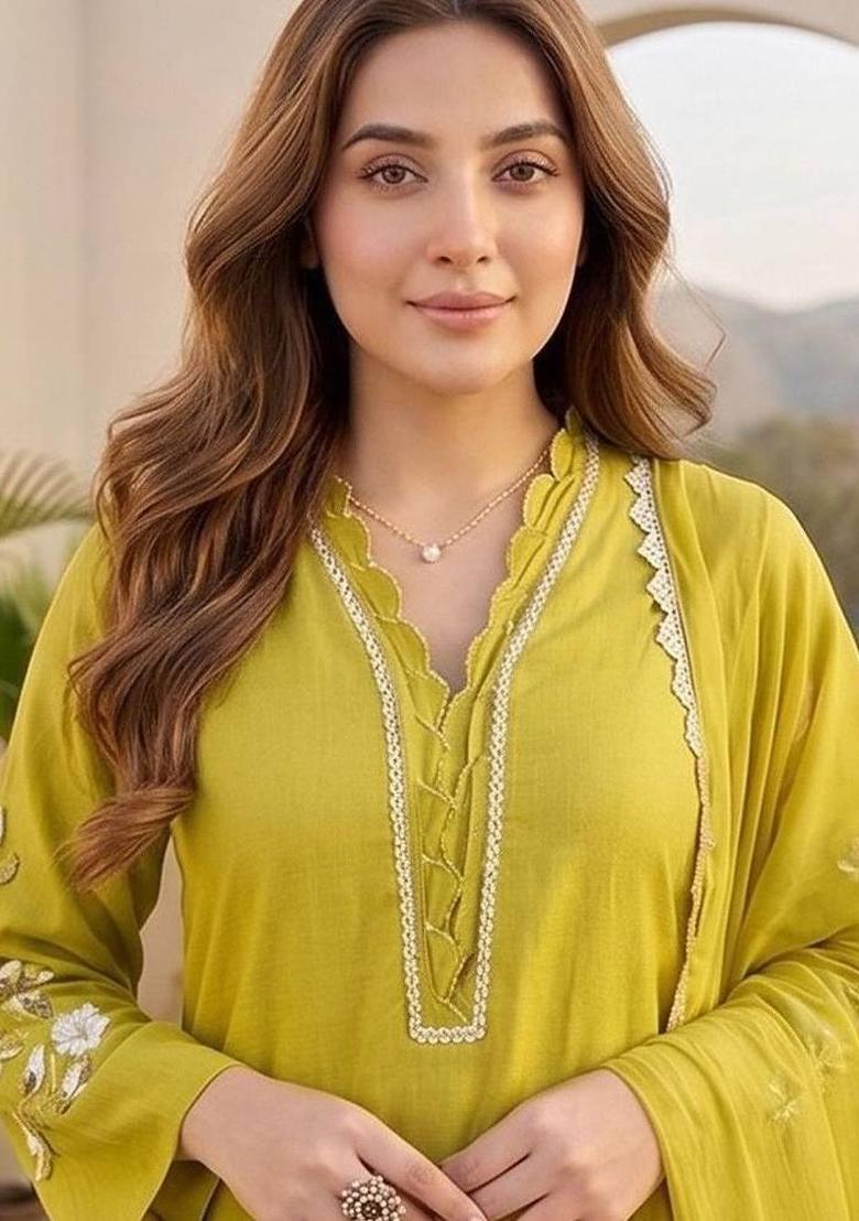 Lime Green Thread Work Silk Kurta Set - Indya