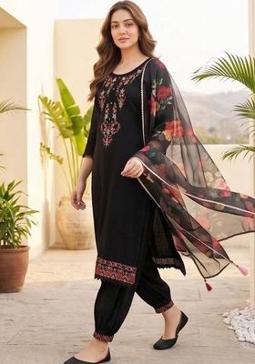 Black Embroidery Silk Kurta Set