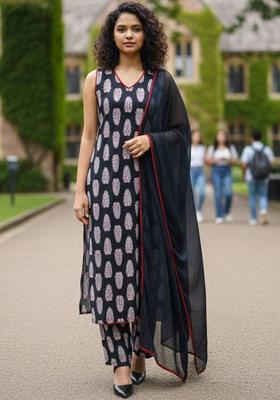 Black Floral Print Cotton Kurta Set
