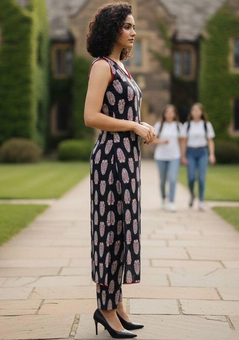 Black Floral Print Cotton Kurta Set - Indya