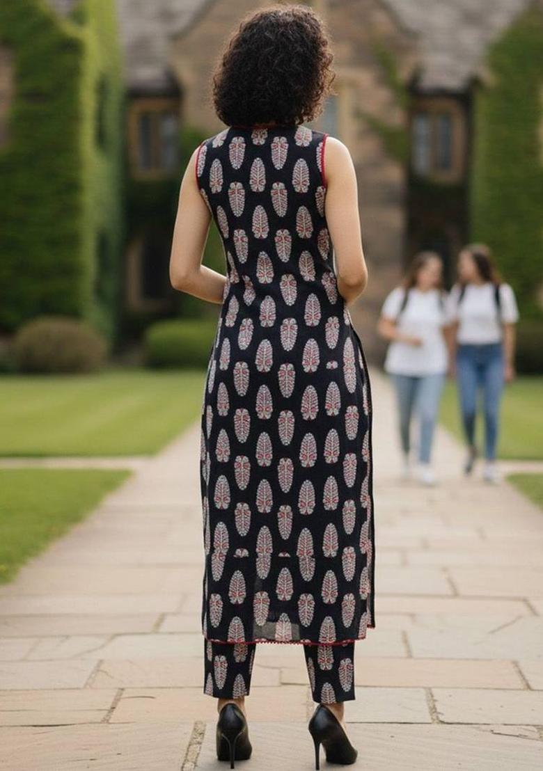Black Floral Print Cotton Kurta Set - Indya