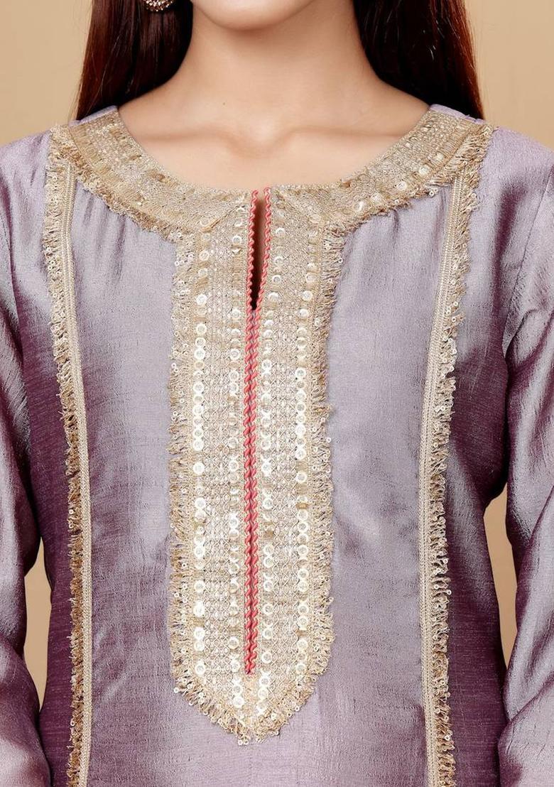 Lavender Embroidery Silk Kurta Set - Indya