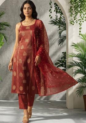 Red Floral Print Silk Kurta Set