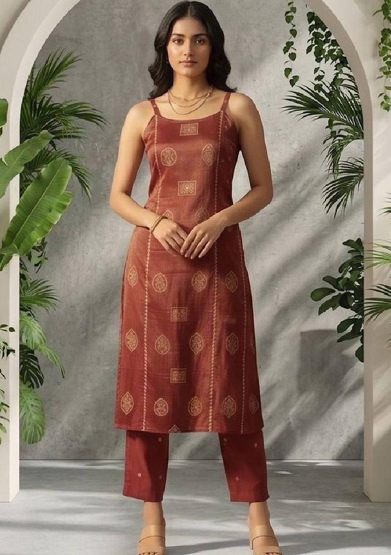 Red Floral Print Silk Kurta Set - Indya