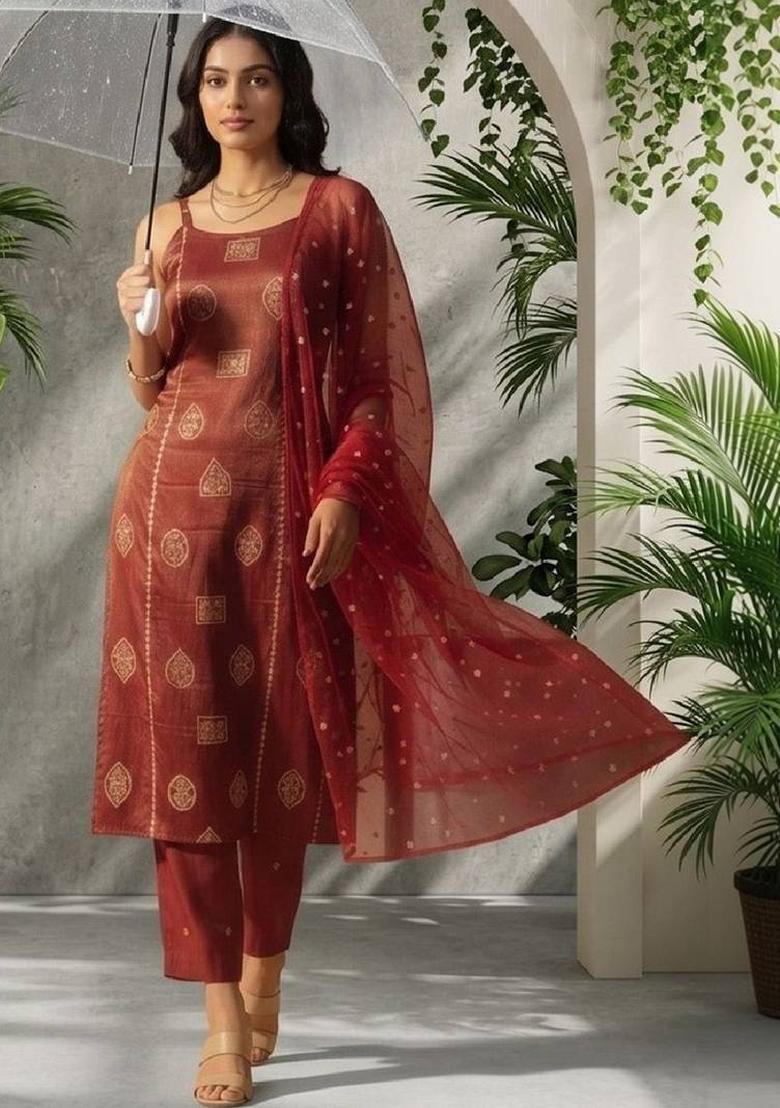 Red Floral Print Silk Kurta Set - Indya