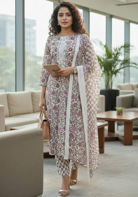 Pink Floral Print Cotton Kurta Set