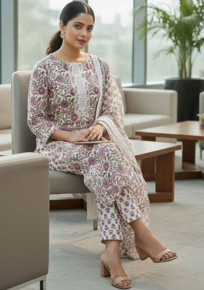 Pink Floral Print Cotton Kurta Set - Indya