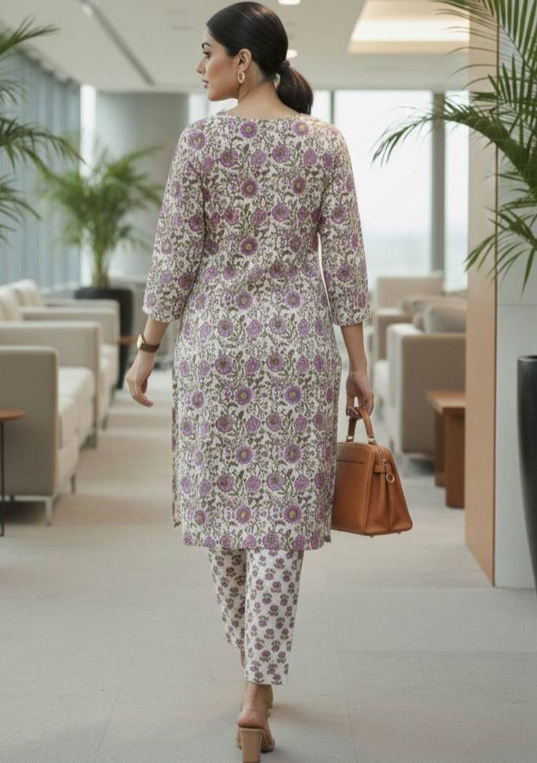 Pink Floral Print Cotton Kurta Set - Indya