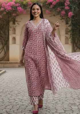 Off White Floral Print Cotton Kurta Set