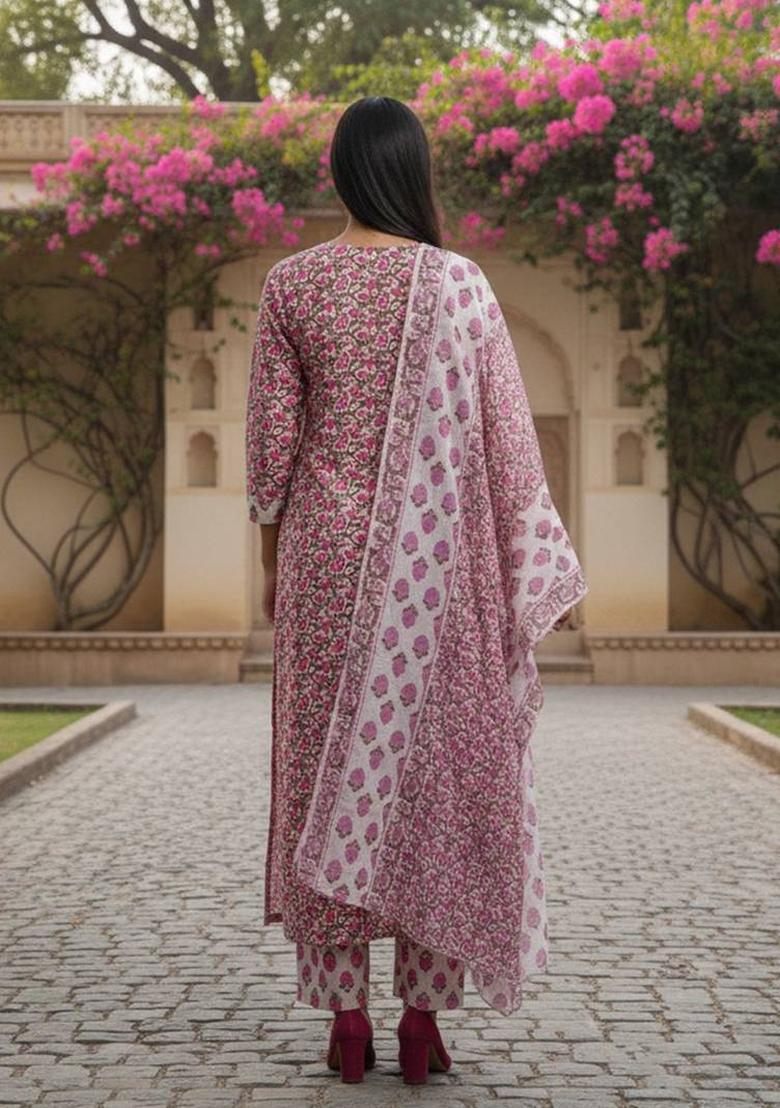 Off White Floral Print Cotton Kurta Set - Indya