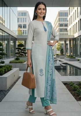 Off White Floral Print Cotton Kurta Set