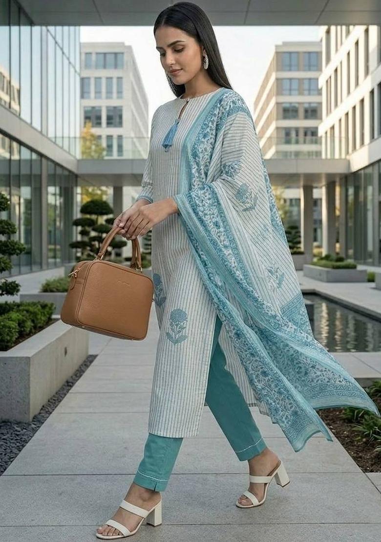 Off White Floral Print Cotton Kurta Set - Indya