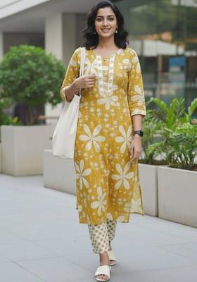 Yellow Floral Print Cotton Kurta Set