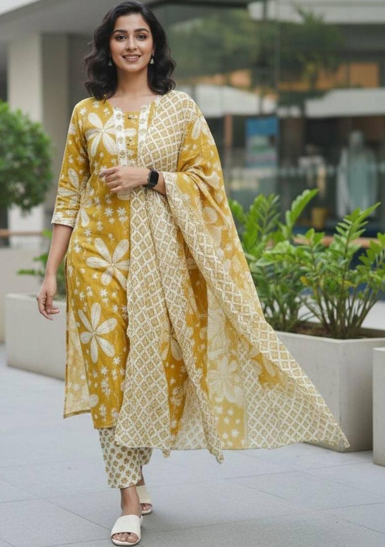 Yellow Floral Print Cotton Kurta Set - Indya