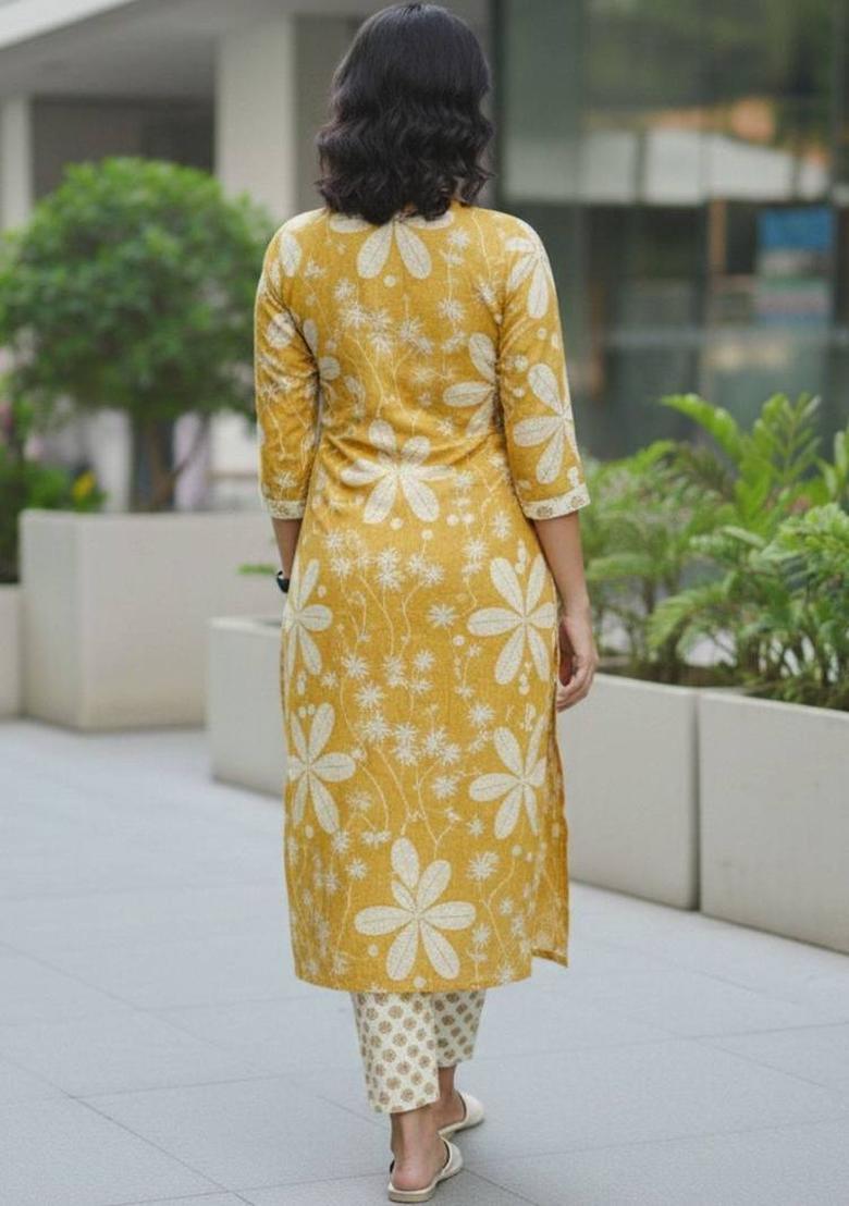 Yellow Floral Print Cotton Kurta Set - Indya