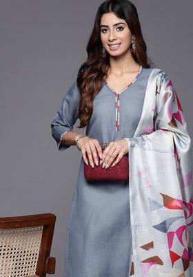 Grey Floral Print Cotton Kurta Set