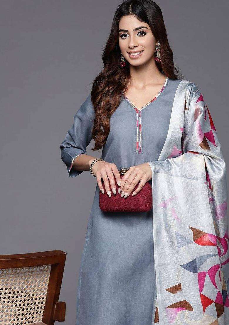 Grey Floral Print Cotton Kurta Set - Indya