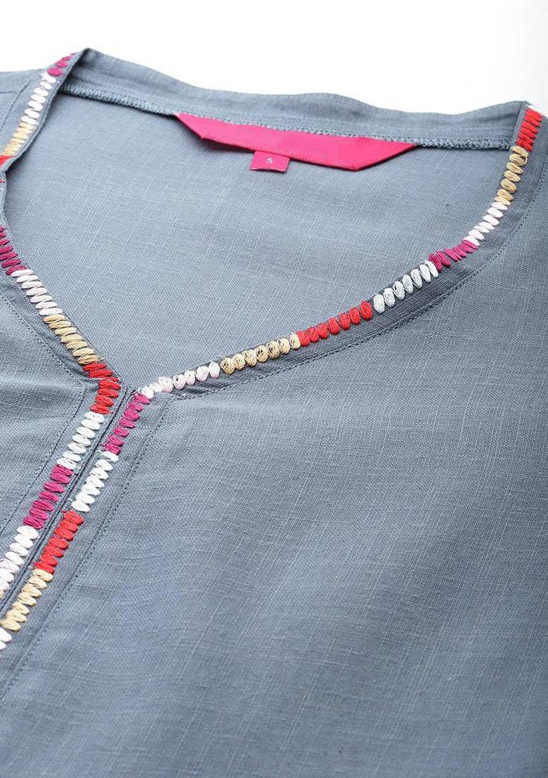 Grey Floral Print Cotton Kurta Set - Indya