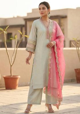 Green Embroidery Silk Kurta Set
