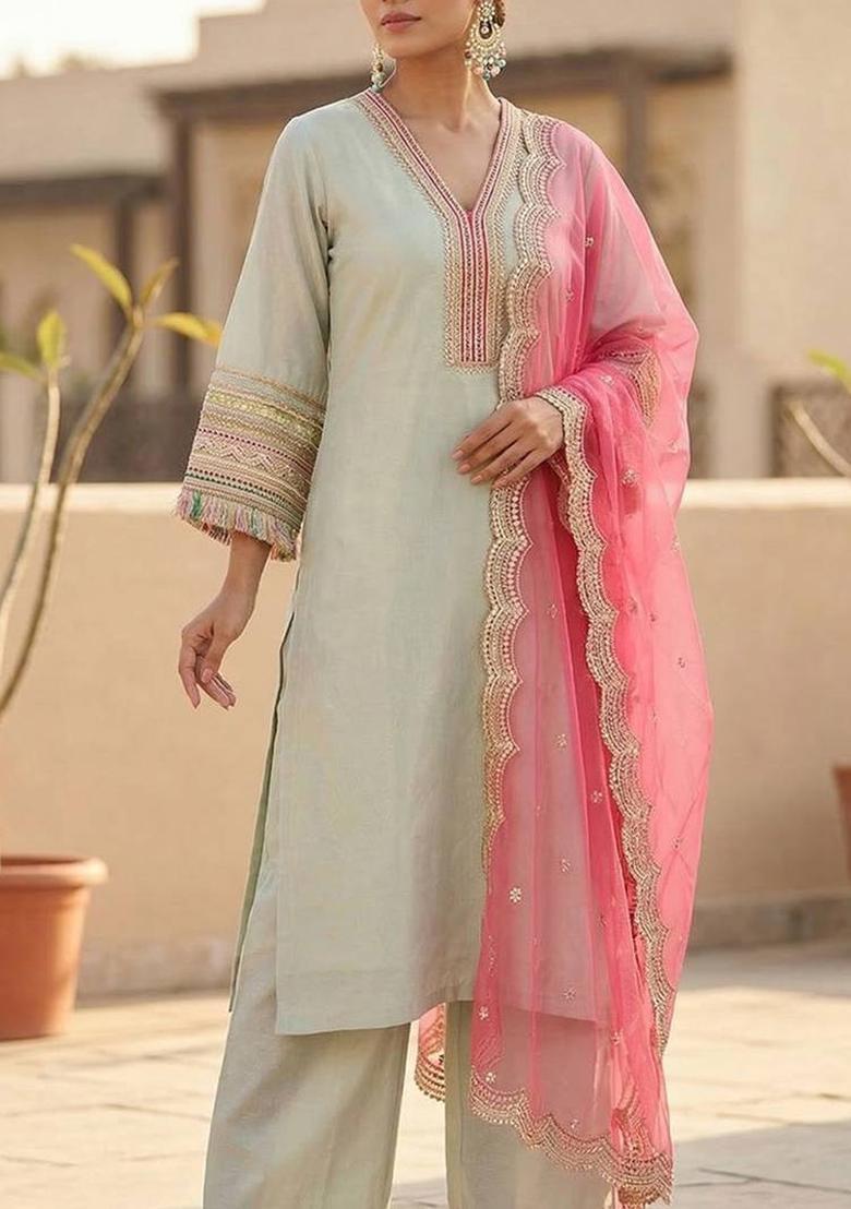 Green Embroidery Silk Kurta Set - Indya