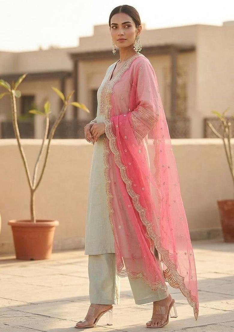 Green Embroidery Silk Kurta Set - Indya