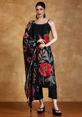 Black Floral Print Silk Kurta Set