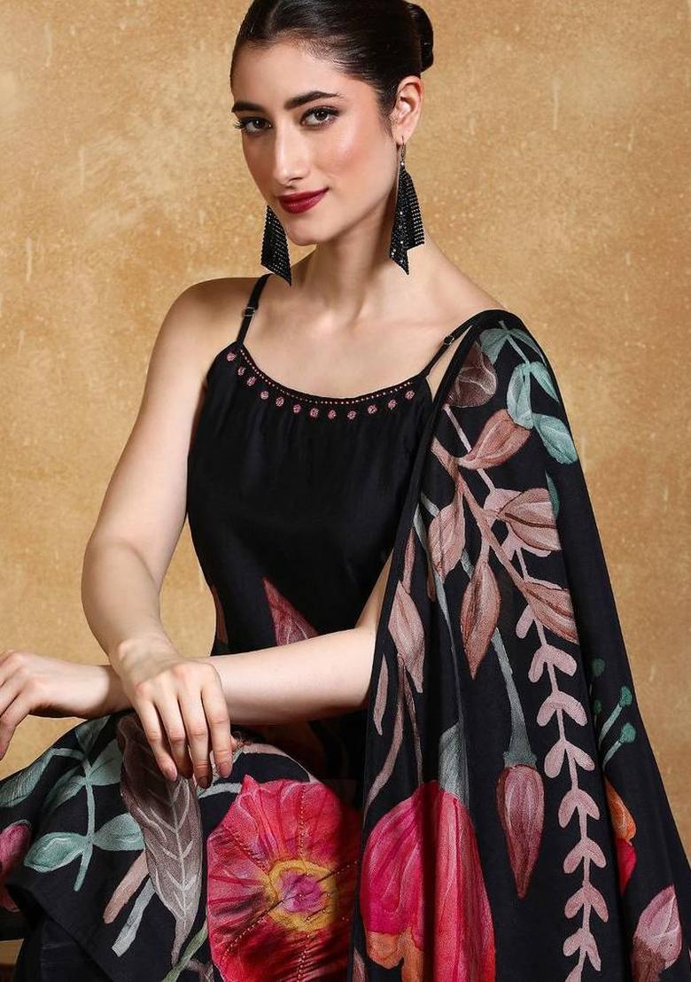 Black Floral Print Silk Kurta Set - Indya