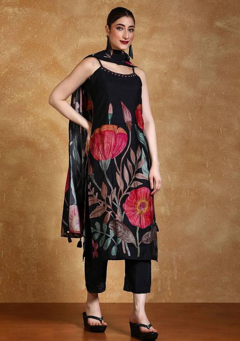 Black Floral Print Silk Kurta Set - Indya