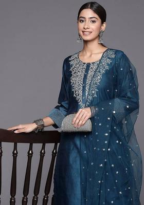 Navy Blue Embroidery Silk Kurta Set
