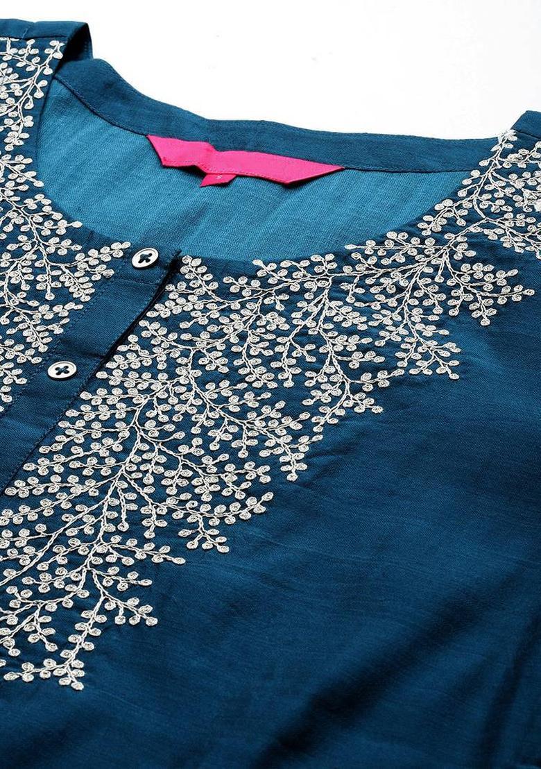 Navy Blue Embroidery Silk Kurta Set - Indya