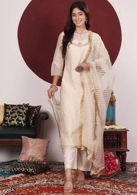 Off White Embroidery Silk Kurta Set