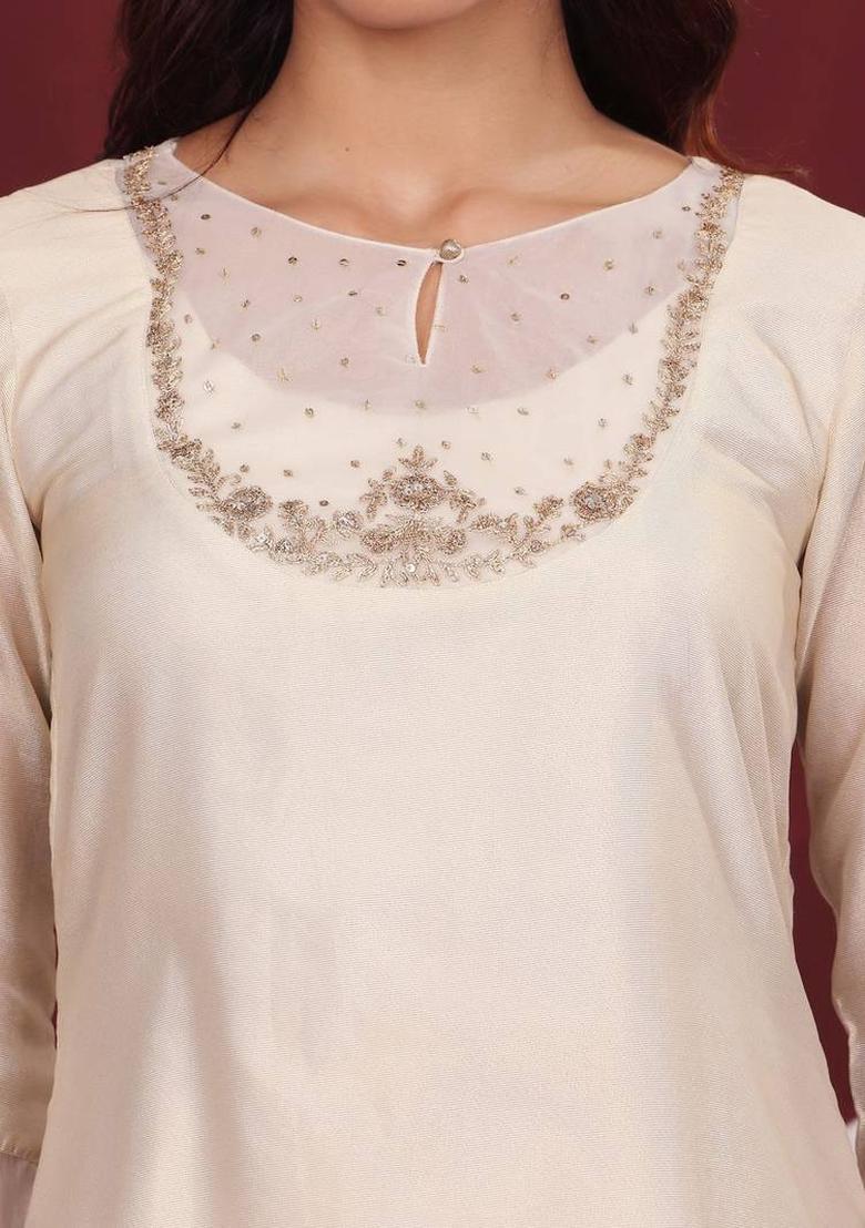 Off White Embroidery Silk Kurta Set - Indya