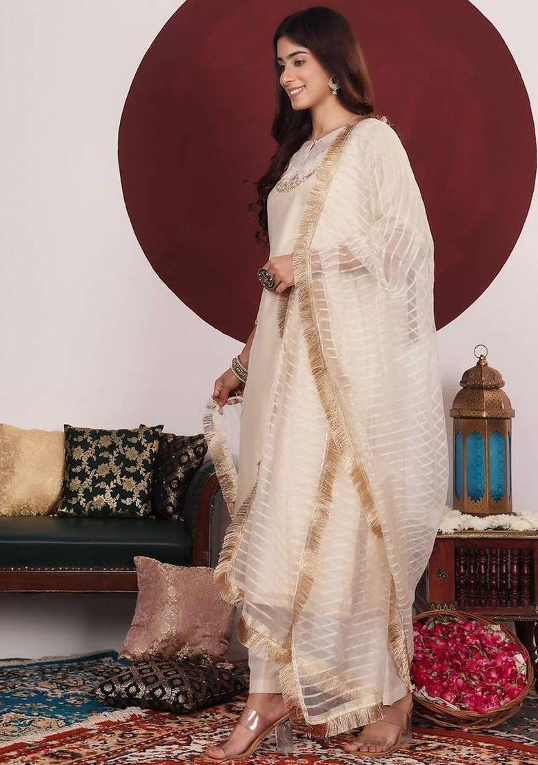 Off White Embroidery Silk Kurta Set - Indya