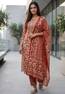 Red Floral Print Cotton Kurta Set