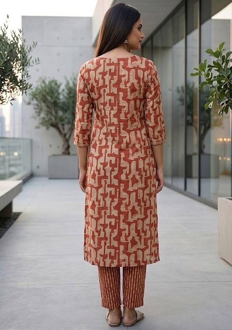 Red Floral Print Cotton Kurta Set - Indya