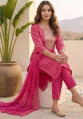 Pink Floral Print Cotton Kurta Set