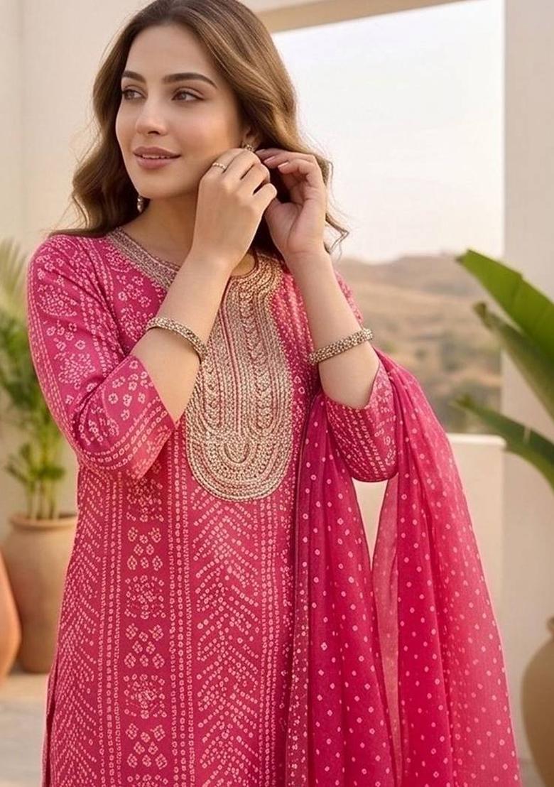 Pink Floral Print Cotton Kurta Set - Indya